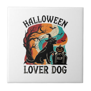 Halloween-Liebhaber-Hund-Hexenhut-Kürbis-Grabstein Fliese