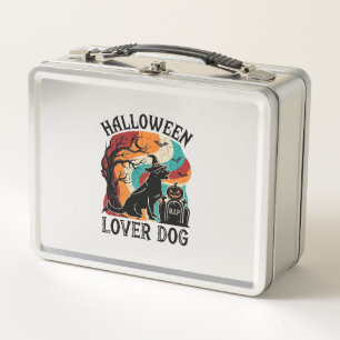 Halloween-Liebhaber-Hund-Hexenhut-Kürbis-Grabstein Metall Brotdose