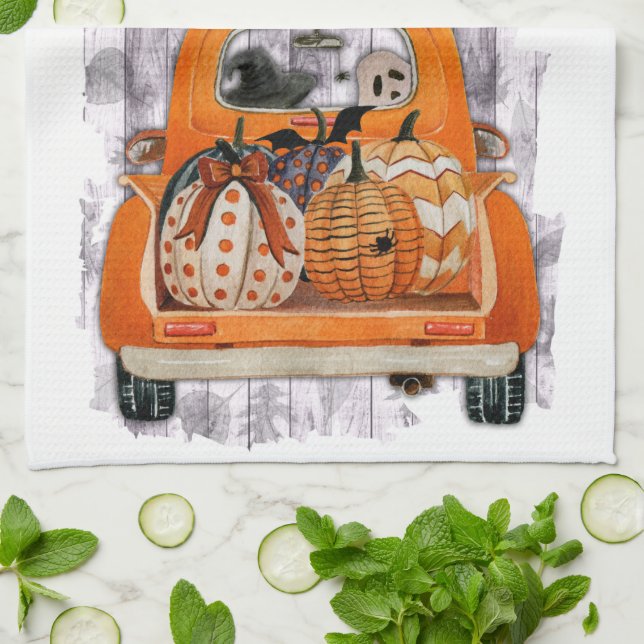 Halloween-Lieferwagen-LKW mit Kürbis Geschirrtuch (Gefaltet)