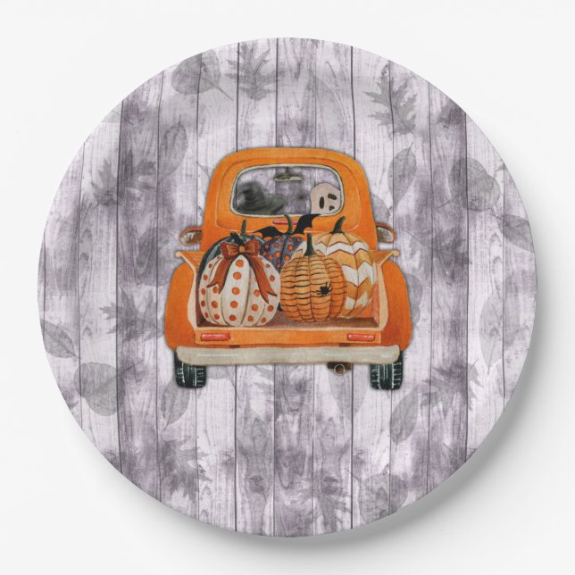 Halloween-Lieferwagen-LKW mit Kürbis Pappteller (Vorderseite)