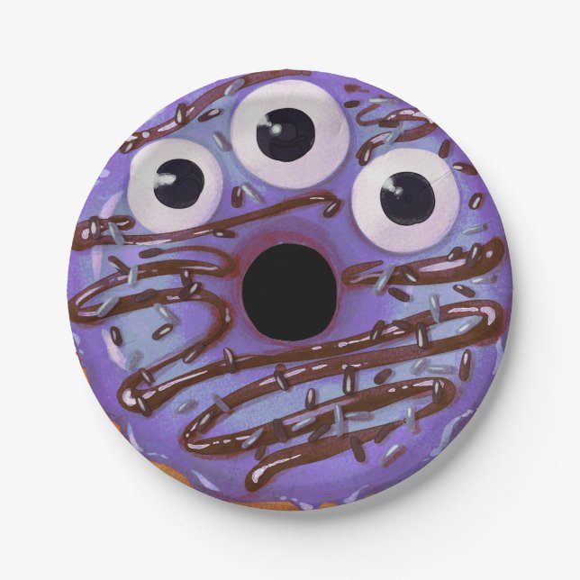 Halloween Lila Drei Mit Augen Monster Donut Pappteller (Vorderseite)