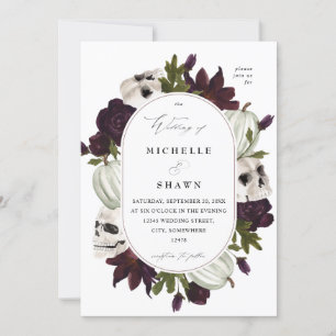 Halloween Lila Floral & Skull Wedding White Einladung