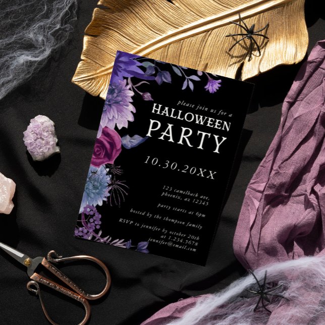Halloween Lila Gotisches Party Einladung (Halloween Purple Gothic Floral Party Invitation)