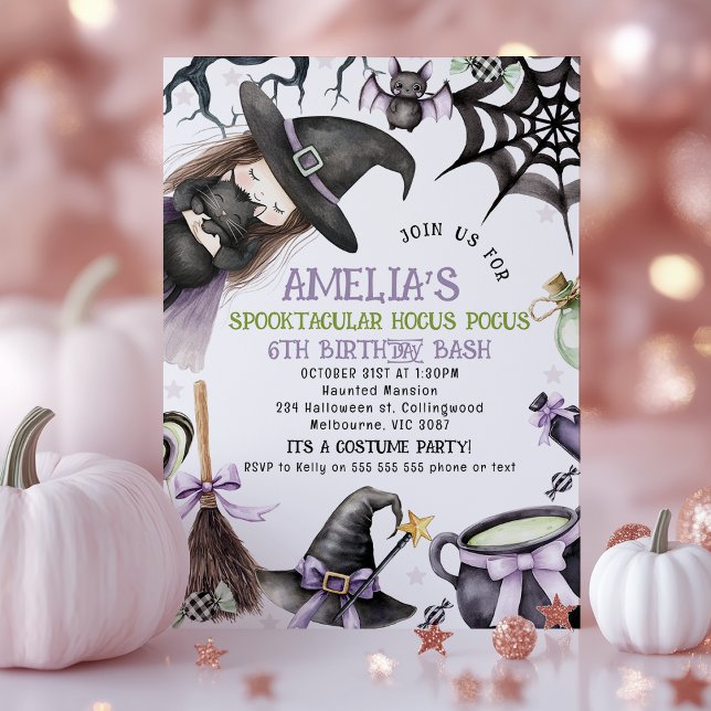 Halloween Lila Grüne Kleine Hexe Geburtstag Einladung (Little Witch Halloween Birthday Invitation, Witch Birthday Invitations, Halloween Birthday Invite)