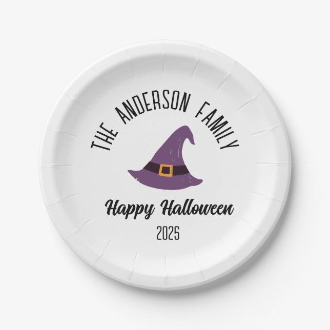 Halloween Lila Hexenhut Personalisierter Name Pappteller (Vorderseite)