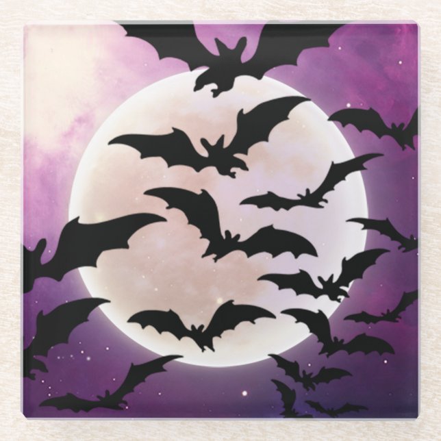 HALLOWEEN LILA SKY VOLL MOON BLACK BATS GLASUNTERSETZER (Vorderseite)