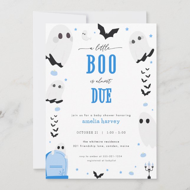 Halloween Little Boo Blue Baby Dusche Einladung (Vorderseite)