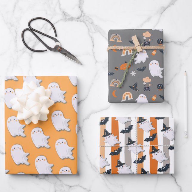 Halloween Little Boo Ghosts Wrapping Paper Sheets Geschenkpapier Set (Vorderseite)