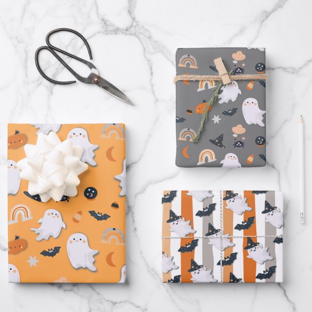 Halloween Little Boo Ghosts Wrapping Paper Sheets Geschenkpapier Set (Vorderseite)