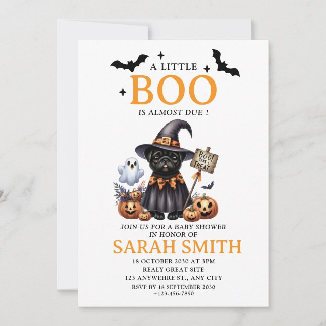 Halloween Little Dog Boo ist fast Due Baby Dusche Einladung (Vorderseite)