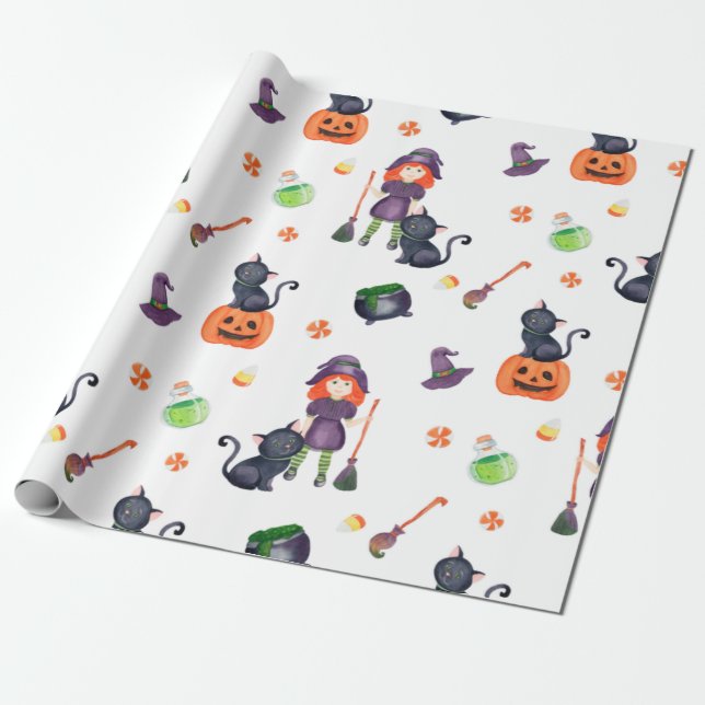 Halloween Little Hexe, Black Cat und Pumpkin Niedl Geschenkpapier (Ungerollt)