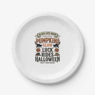 Halloween-LKW-Fahrer-Shirt mit schwarzen Katzen un Pappteller