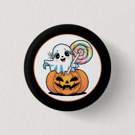 Halloween Lollipop Ghost On Pumpkin badge Button