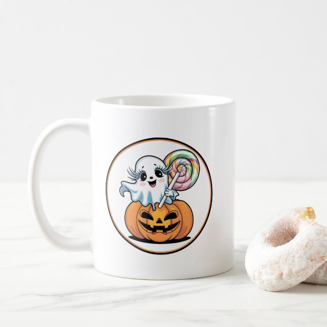 Halloween Lollipop Ghost On Pumpkin Kaffeetasse (Mit Donut)