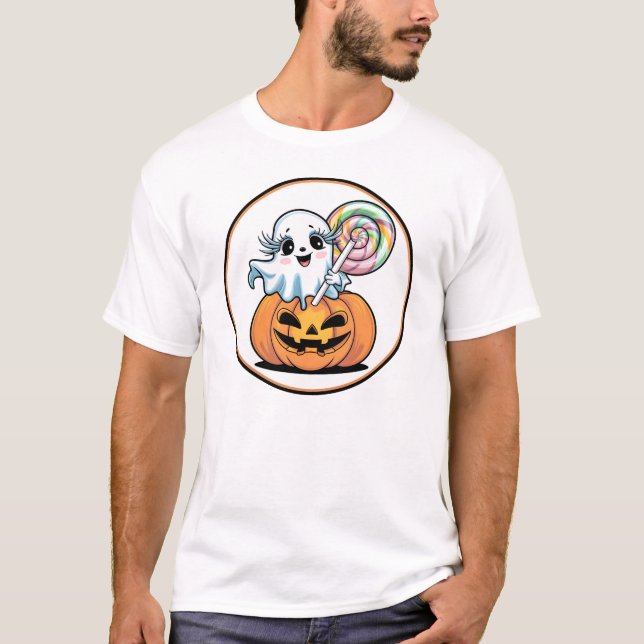 Halloween Lollipop Ghost On Pumpkin T-Shirt (Vorderseite)