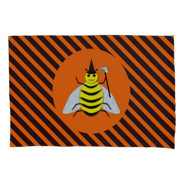 Halloween Magic Bee Hexe Orange und Schwarze Strei Kissenbezug (Vorderseite)