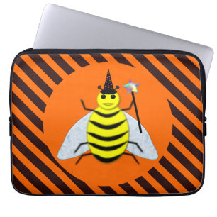 Halloween Magic Bee Hexe Orange und Schwarze Strei Laptopschutzhülle