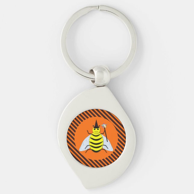 Halloween Magic Bee Hexe Orange und Schwarze Strei Schlüsselanhänger (Vorderseite)