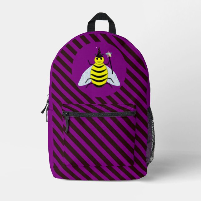 Halloween Magic Bee Wizard Lila und schwarz Streif Bedruckter Rucksack (Vorderseite)