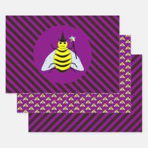 Halloween Magic Bee Wizard Lila und schwarz Streif Geschenkpapier Set