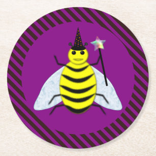 Halloween Magic Bee Wizard Lila und schwarz Streif Runder Pappuntersetzer
