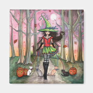 Halloween Magnet Hexe und Katzen