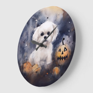 Halloween Maltesisch mit Pumpkins Beängstigend Große Wanduhr