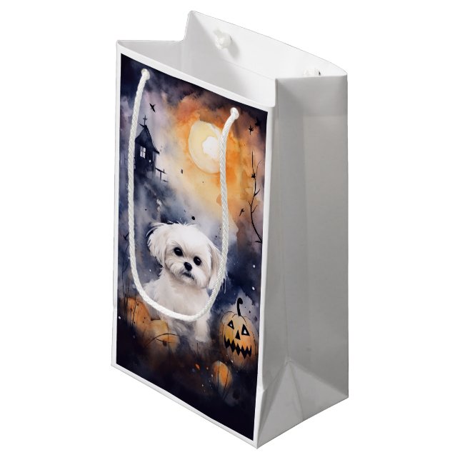 Halloween Maltesisch mit Pumpkins Beängstigend Kleine Geschenktüte (Vorderseite Schrägansicht)