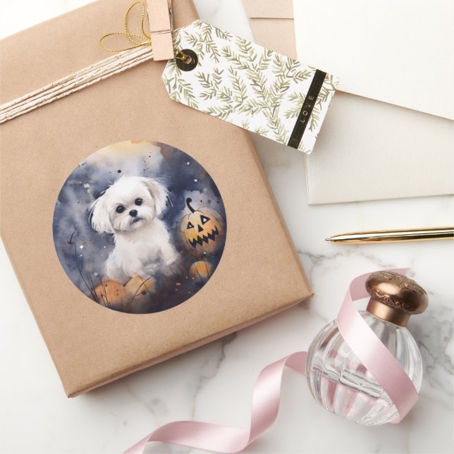 Halloween Maltesisch mit Pumpkins Beängstigend Runder Aufkleber (Schenken)