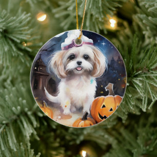 Halloween Malti Tzu mit Kürbissen Gruselig Keramik Ornament
