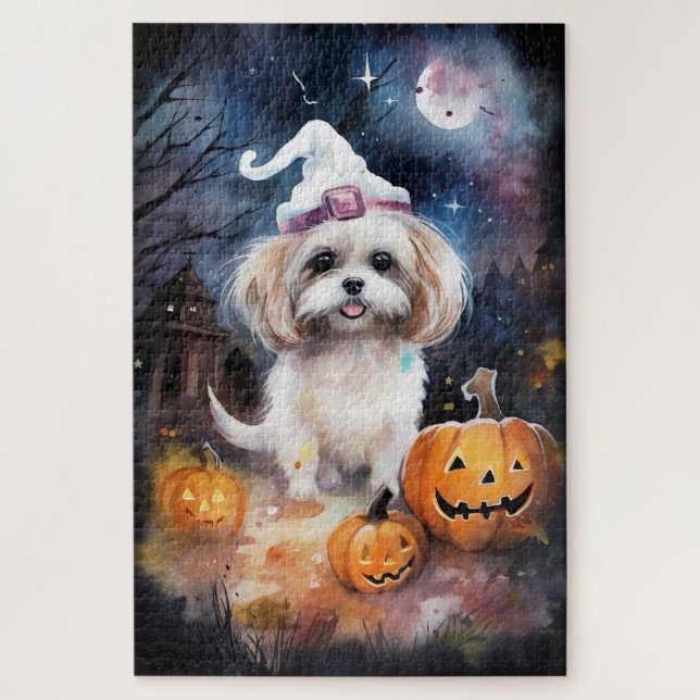 Halloween Malti Tzu mit Pumpkins Beängstigend (Vertikal)