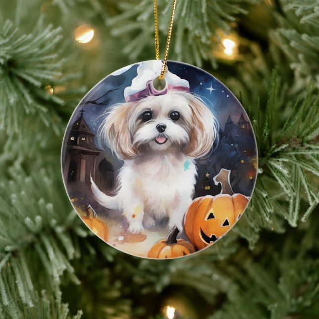 Halloween Malti Tzu mit Pumpkins Beängstigend Keramik Ornament (Baum)