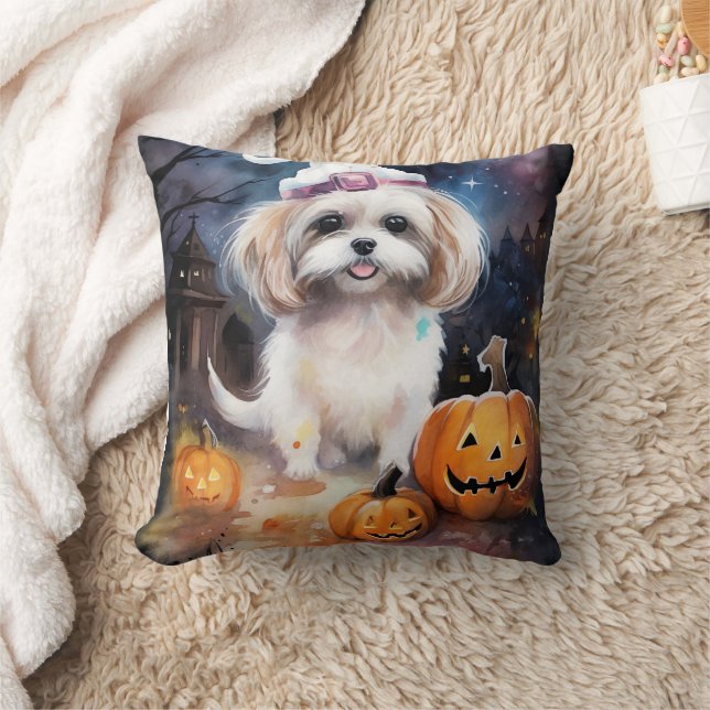 Halloween Malti Tzu mit Pumpkins Beängstigend Kissen (Decke)