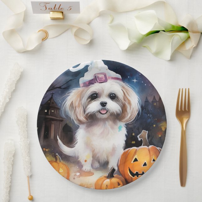 Halloween Malti Tzu mit Pumpkins Beängstigend Pappteller (Hochzeit)