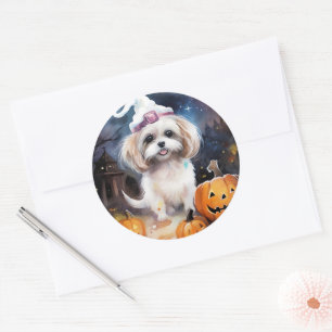 Halloween Malti Tzu mit Pumpkins Beängstigend Runder Aufkleber