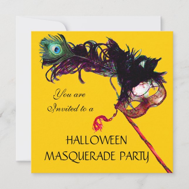 HALLOWEEN MASQUERADE PARTY, schwarz gelb Einladung (Vorderseite)