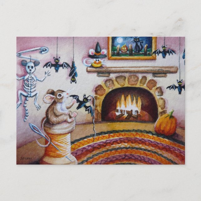 Halloween Maus hängend Bat Dekorationen Wasserfarb Postkarte (Vorderseite)
