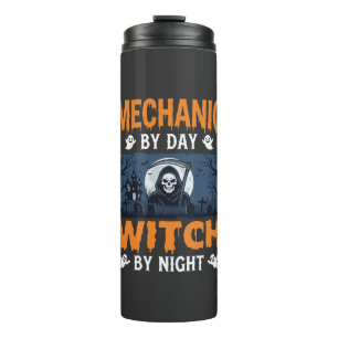Halloween Mechaniker bei Tag, Hexe bei Nacht Thermosbecher