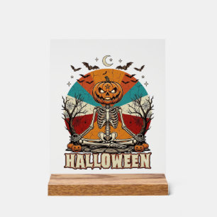 Halloween meditierender Kürbisskelett Retro-Sonne Acrylschild