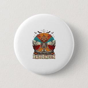Halloween meditierender Kürbisskelett Retro-Sonne Button