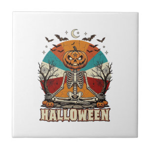 Halloween meditierender Kürbisskelett Retro-Sonne  Fliese