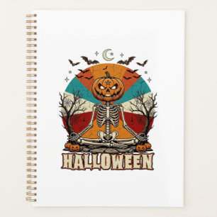 Halloween meditierender Kürbisskelett Retro-Sonne Planer