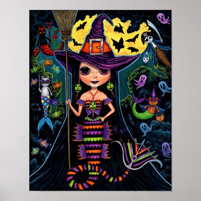 Halloween Mermaid Hexch Mercats Ghosts Pumpkins Poster (Vorne)
