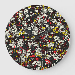 Halloween Mini Doodle Vintages Muster Große Wanduhr