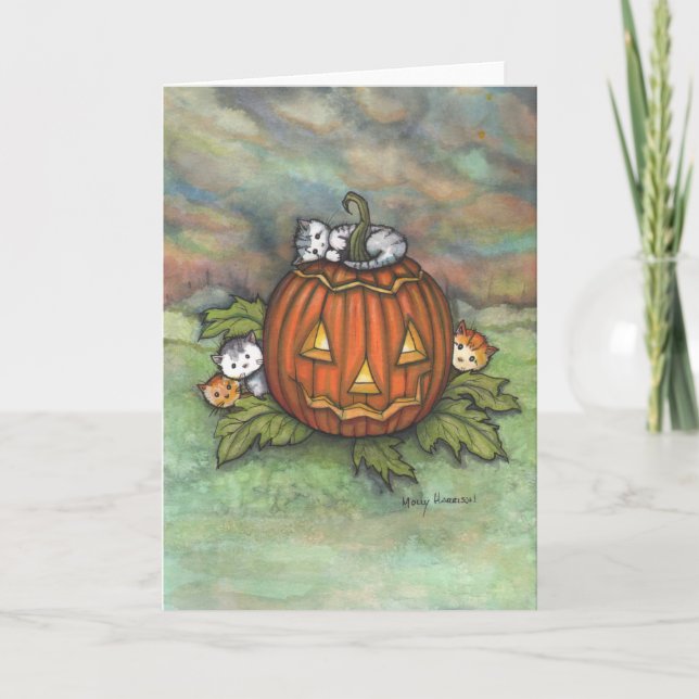 Halloween Mischief Kittens und Jack-o-Lantern Karte (Vorderseite)
