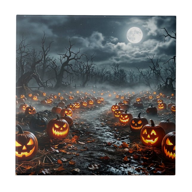 Halloween mit gruseligen Bäumen und Jack O Lantern Fliese (Vorderseite)