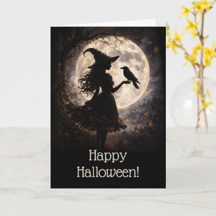 Halloween mit hübscher Hexe und silhouettiertem Ra Karte