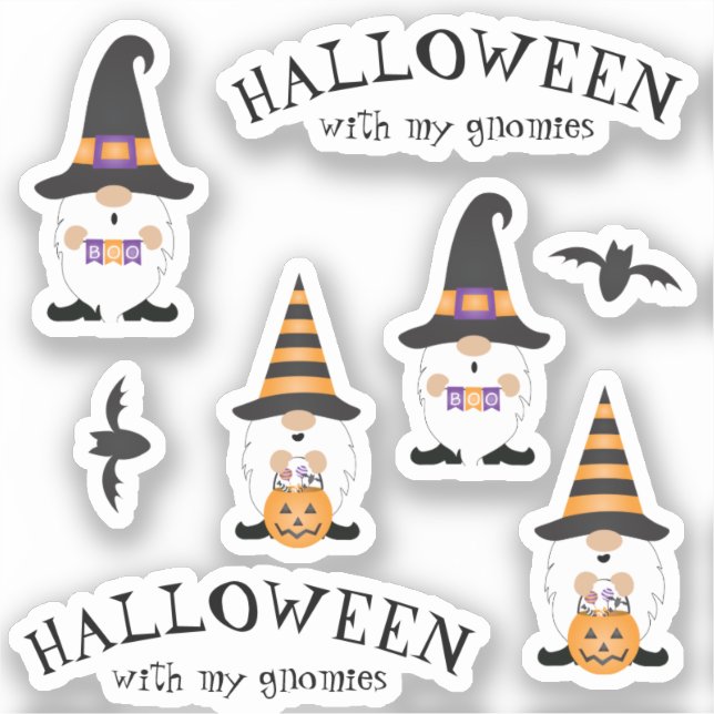 Halloween mit meinen Gnomen Lila Orange Aufkleber (Vorderseite)