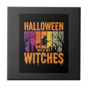 Halloween mit meinen Hexen Retro-Sonnenuntergang Fliese