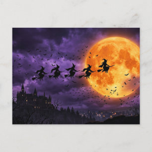 Halloween mit Mond und Hexe Postkarte
